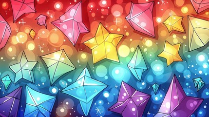 Colorful geometric shapes and stars floating against a vibrant gradient background with sparkles