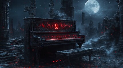 Melancholy Piano in a Post-Apocalyptic Cityscape Under the Full Moon