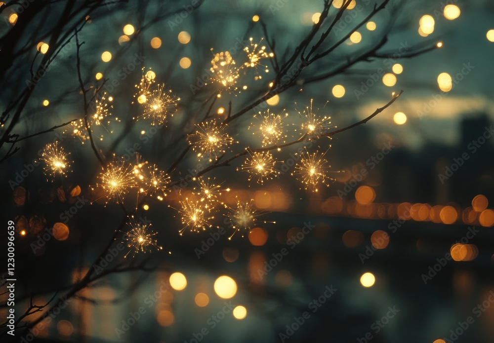 Poster magical night scene with sparkling lights on tree branches overlooking a cityscape with soft backgro