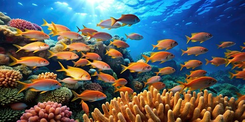 Fototapeta premium School of fish swimming through coral with seaweed, aquatic life, seaweed forests, underwater world
