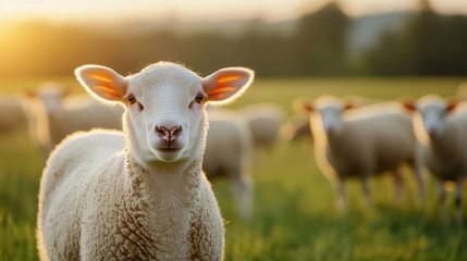 Naklejka premium sheep stands in green field during sunset, surrounded by other sheep