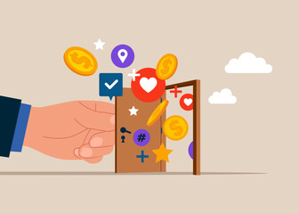 Hand opening a door to see Donation and charity with coin, money. Modern vector illustration in flat style.