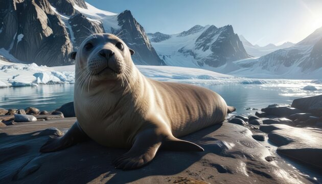 Seal's fur glistening in the sunlight near a glacier's edge , icy waters, marine mammal