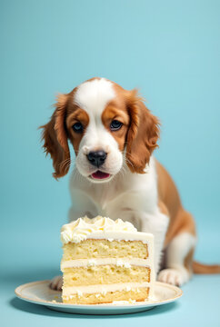 Naklejki Playful cocker spaniel puppy enthusiastically eating huge cream cake with icing on pastel blue background.