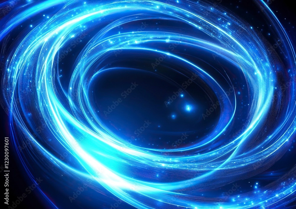 Poster abstract glowing blue light effect with moving lines in a circular shape on a black background, vect