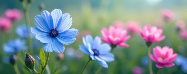Forget me not flowers in a field of wildflowers, flower, blue, pinkish-blue