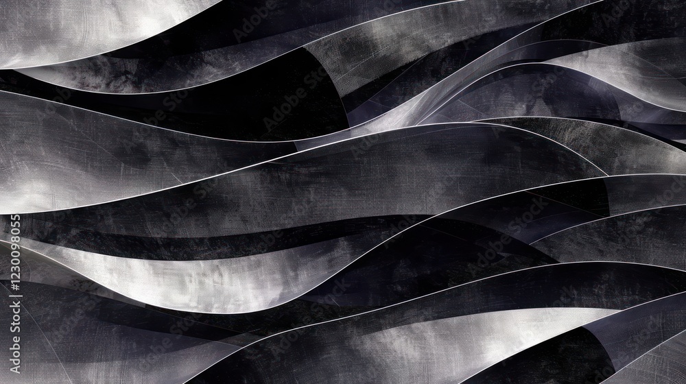 Poster abstract design featuring flowing waves in black and silver tones, creating a dynamic visual effect