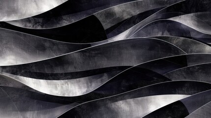 Abstract design featuring flowing waves in black and silver tones, creating a dynamic visual effect