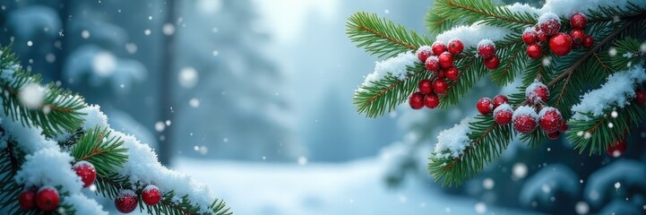 Freshly fallen snowflakes on evergreen branches with red berries and white ornaments, green branches, snow covered