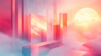 Fototapeta premium Surreal Sunset Pink Geometric Cloudscape Abstract Architecture
