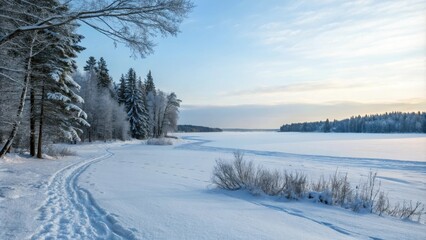 Obraz premium Serene snow-covered landscape with a vast empty space for photography, blank canvas, cold weather, open space, stillness