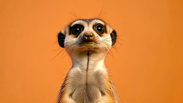 Curious Meerkat Standing Upright on Sandy Mound Against Vibrant Orange Background Perfect for Wildlife Inspiration