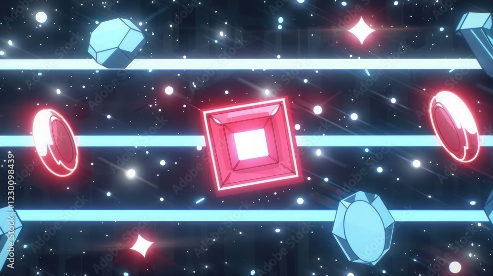 Poster colorful animated gems and shapes floating in a cosmic background with sparkling effects
