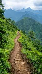 Fototapeta premium winding dirt path through lush green mountains, surrounded by nature beauty