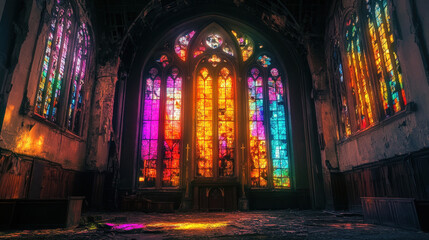 Obraz premium Abandoned Cathedral with Radiant Stained Glass Windows