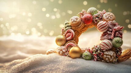 Magical christmas wreath of cookies and candies above a snowy hill