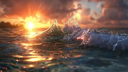 Naklejka premium Serene sunset over ocean waves with shimmering reflections and dramatic clouds