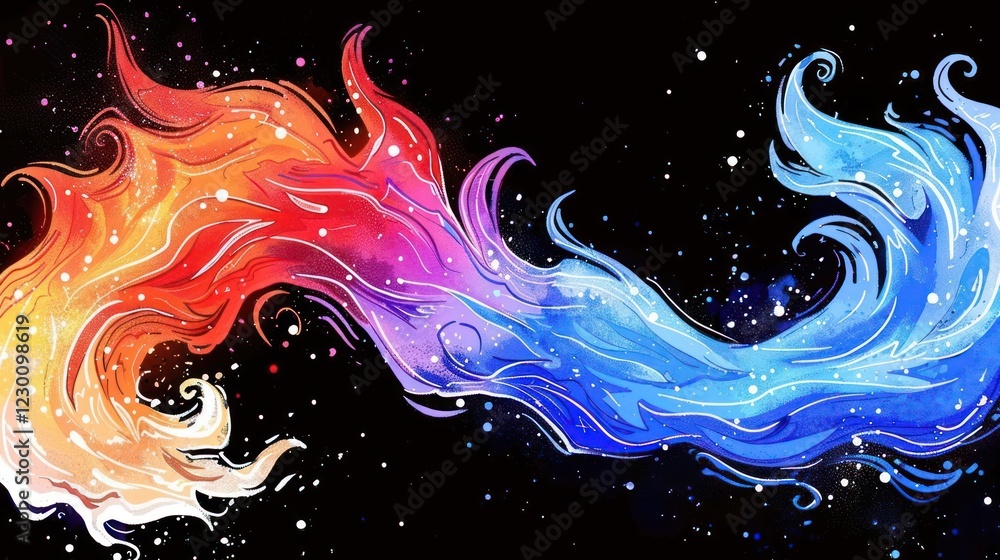 Poster abstract swirling flames in vibrant colors against a dark backdrop, creating a dynamic visual effect