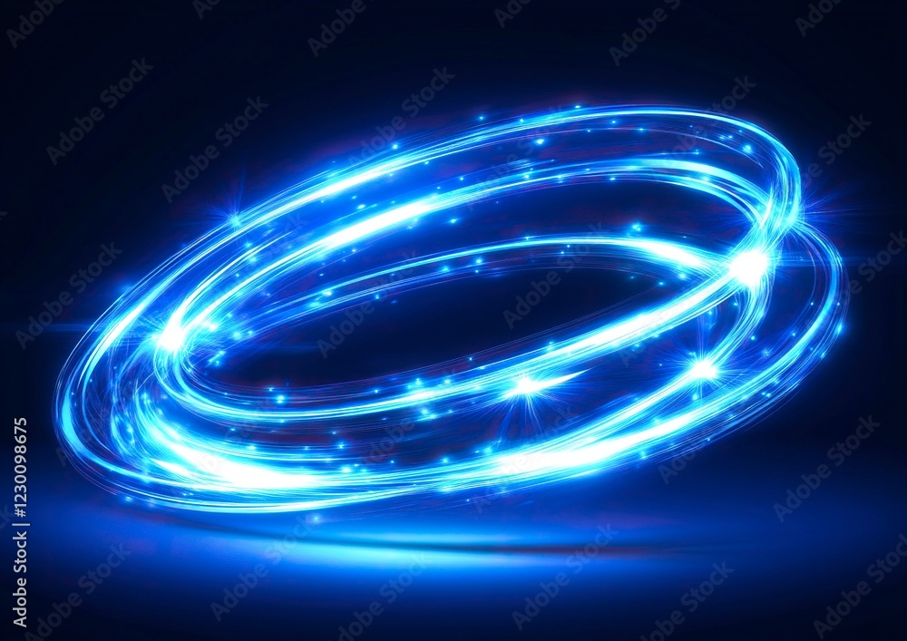 Poster abstract glowing blue light effect with moving lines in a circular shape on a black background, vect