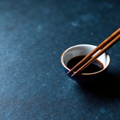 Elegant dark wood chopsticks rest beside a small soy sauce bowl on a slate blue surface , soy sauce, chopsticks