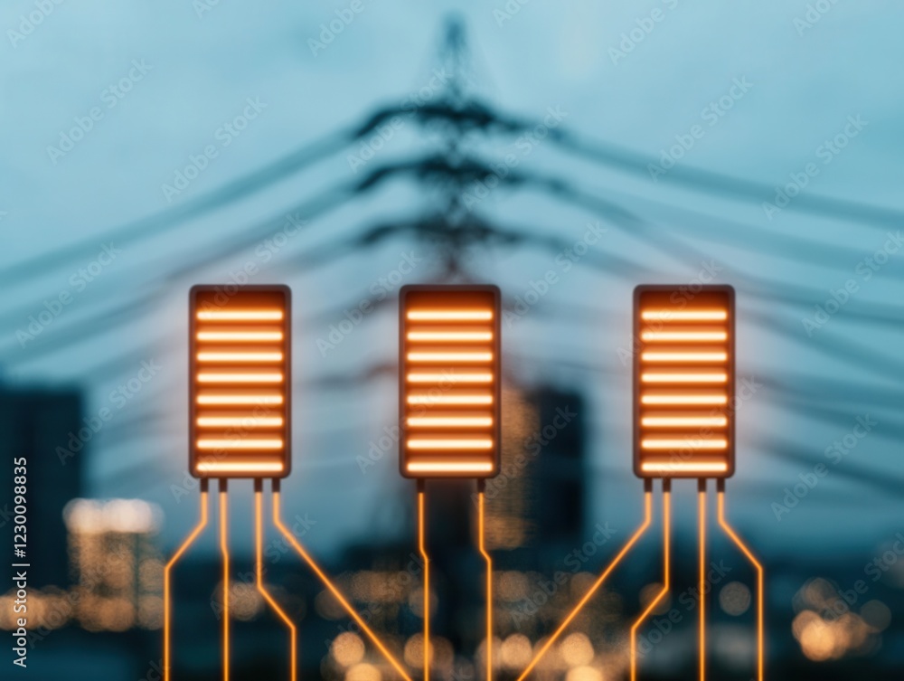 Poster smart grid technology smart meters efficiency. glowing circuits connecting smart meters to a high-te