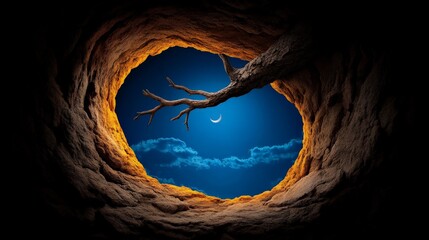 Cave Moonlit Night: A mesmerizing view through a cave opening, revealing a crescent moon, starlit sky, and a gnarled tree branch silhouetted against the celestial backdrop.