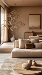 A modern living room with beige couches and minimalist decor.