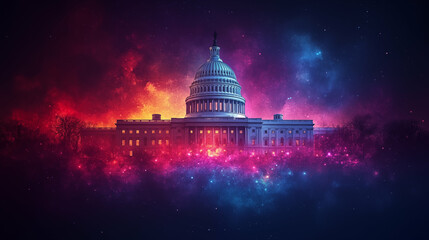 United States Capitol building illuminated against cosmic galaxy sky in vibrant colors. Political concept with government architecture