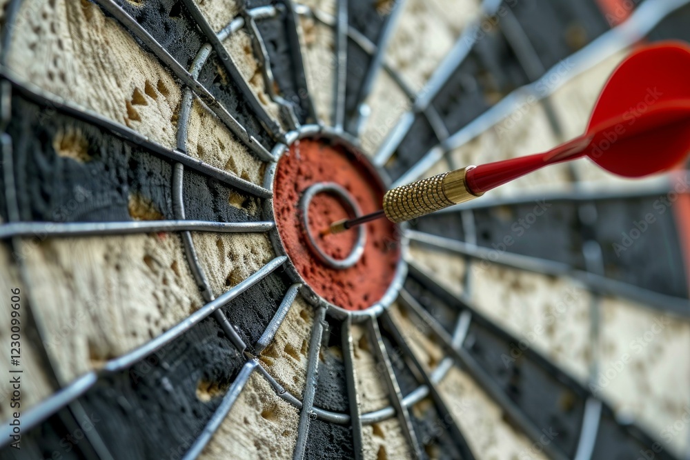 Poster red dart is hitting the center of the target on a dartboard, showing the concept of success