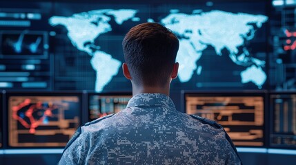 Military operations control room global security monitoring digital environment overview strategic insight