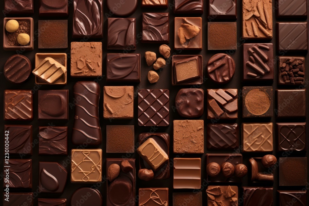 Poster overhead view of various chocolate pralines arranged on a dark background, creating a visually appea