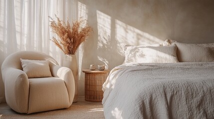 A serene and minimalist bedroom with natural light pouring in through sheer white curtains.