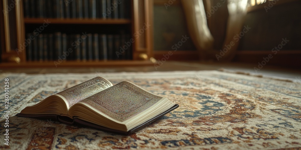 Poster vintage book resting on a carpet with classic binding and handwritten pages. a reading room setting 