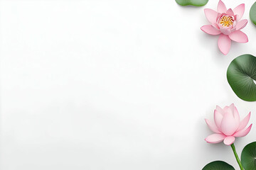 Pink lotus flowers, leaves, white background; spa, wellness