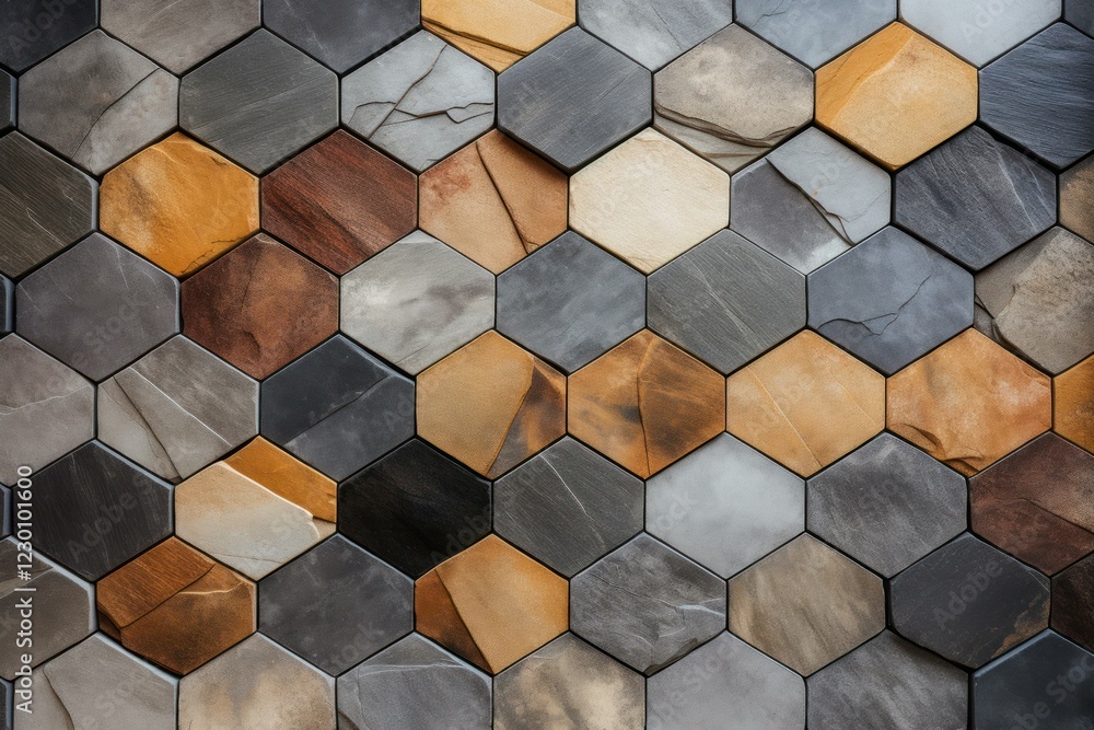 Poster decorative stone tiles forming an hexagonal pattern, creating a textured and colorful wall backgroun