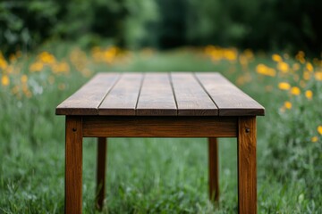 Fototapeta premium Wooden table standing on grassy field with blurred wildflowers in background