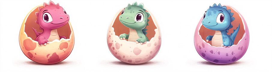 Cute green dinosaur reptile hatching sequence from spotted egg - closed shell, cracking process, emerging baby dino and newborn t-rex with broken eggshell pieces for game animation or children book
