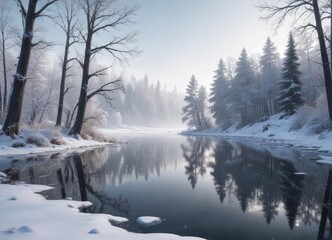 Snowflakes gently falling on a serene winter landscape with a frozen lake and snow-covered trees in the background , frosty scene, frozen lake, snow covering