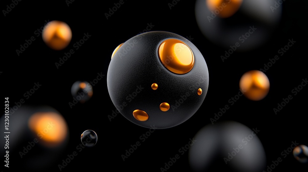 Poster black & gold abstract spheres: a minimalist and captivating composition of black and gold spheres, f