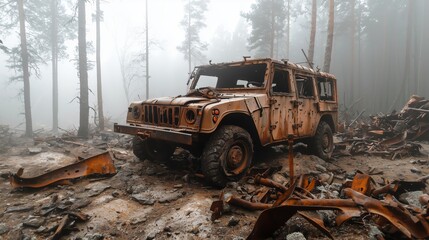 Fototapeta premium Destroyed Military Vehicle in Foggy Forest with Morning Light