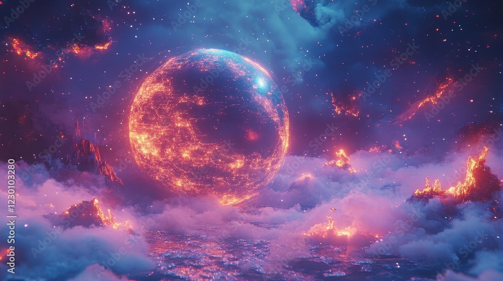 Canvas Prints futuristic 3d globe surrounded by colorful clouds and streaming light