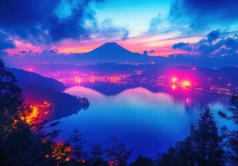 Stunning Twilight Scene Over a Tranquil Lake with a Majestic Mountain in the Background Illuminated by Colorful Lights and Vibrant Skies