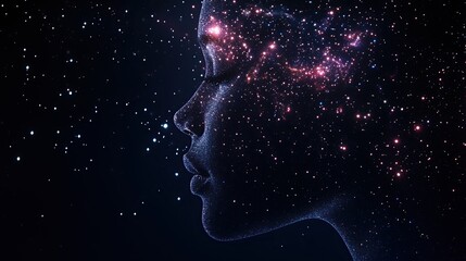 Double exposure artwork of a thoughtful man fading into the vastness of space, merging with luminous galaxies