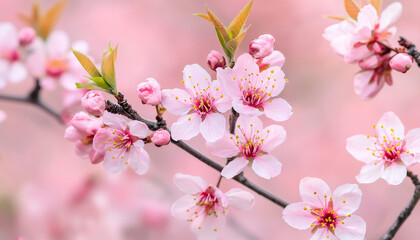 Fototapeta premium Beautiful pink cherry blossoms in full bloom on branch, creating serene atmosphere