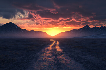 Fototapeta premium Scenic Road to Snow-Capped Mountains at Sunset - Vibrant Landscape
