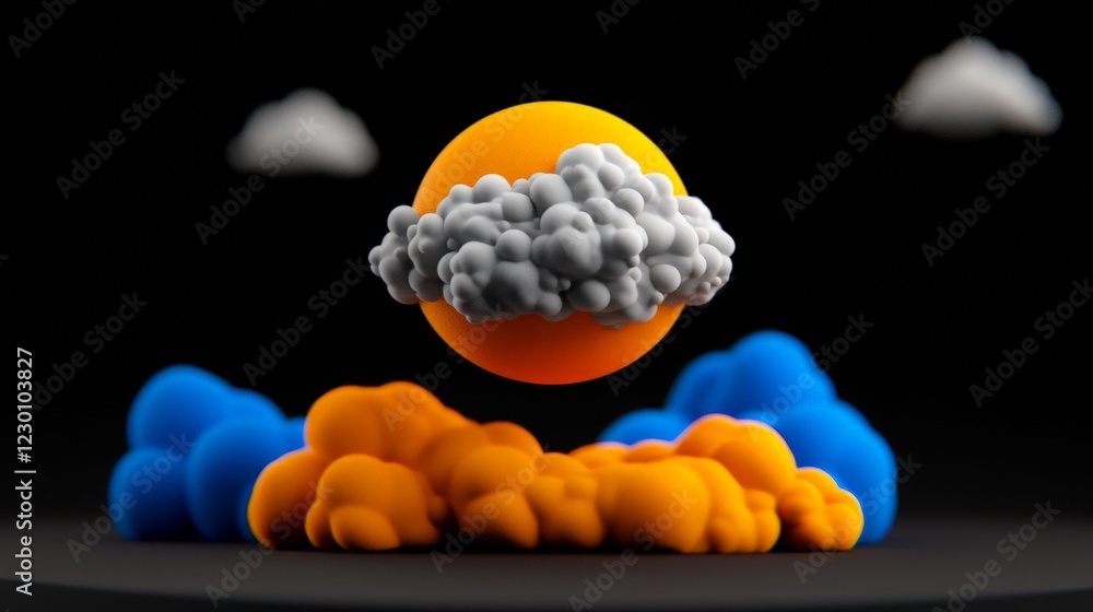 Poster cloudy minimalism: a captivating, abstract 3d render showcasing a single sun-shaped orb enveloped in