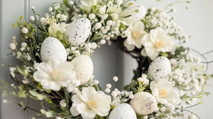 White flowers and egg-shaped decorations in a wreath arrangement