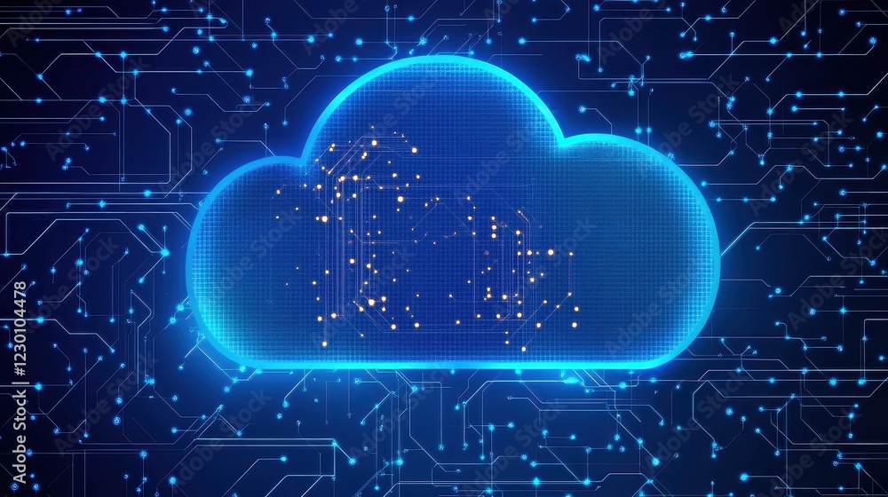 Wall mural abstract cloud symbol with circuit patterns and blue neon lights