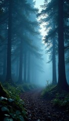 Obraz premium Shimmering silver mist infusing a mystical forest at night, night, silver