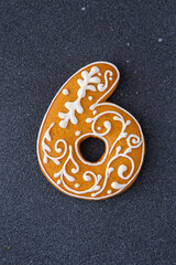 Decorated Gingerbread Cookie Number 6 Six. Food Christmas decoration